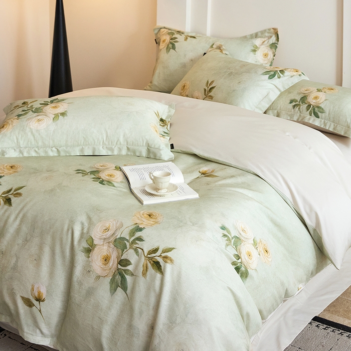 91家纺网 家纺一手货源 找家纺 梧桐树 2026新款全棉纯棉长绒棉数码印花系列四件套 S50莫奈花园绿