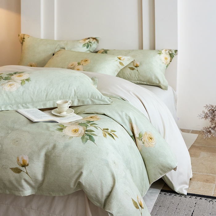 91家纺网 家纺一手货源 找家纺 梧桐树 2026新款全棉纯棉长绒棉数码印花系列四件套 S50莫奈花园绿