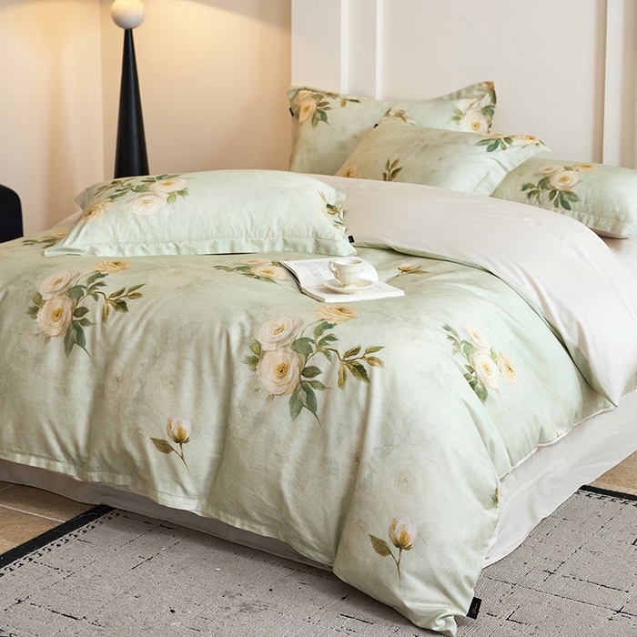 91家纺网 家纺一手货源 找家纺 梧桐树 2026新款全棉纯棉长绒棉数码印花系列四件套 S50莫奈花园绿