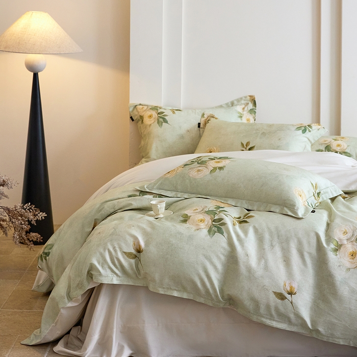 91家纺网 家纺一手货源 找家纺 梧桐树 2026新款全棉纯棉长绒棉数码印花系列四件套 S50莫奈花园绿