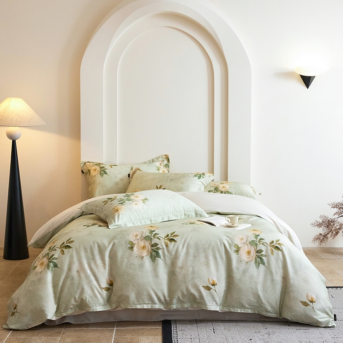 91家纺网 家纺一手货源 找家纺 梧桐树 2026新款全棉纯棉长绒棉数码印花系列四件套 S50莫奈花园绿