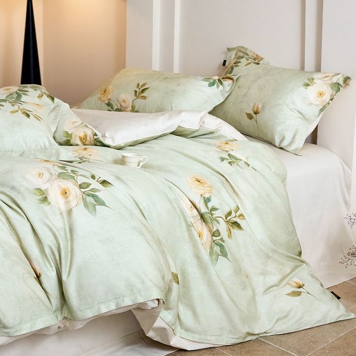 91家纺网 家纺一手货源 找家纺 梧桐树 2026新款全棉纯棉长绒棉数码印花系列四件套 S50莫奈花园绿