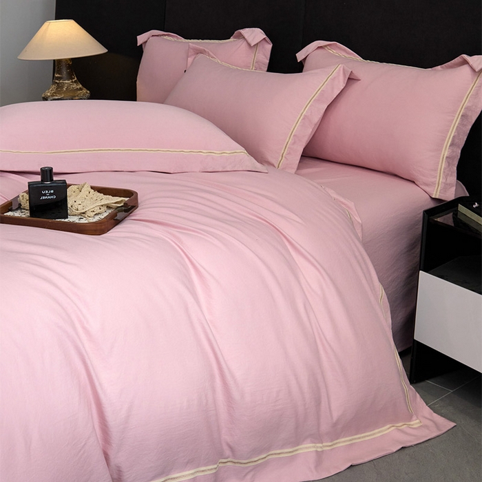 91家纺网 家纺一手货源 找家纺 库里梦家纺 2026新款高精密斜纹棉四件套镂空四件套-织带款 黛粉