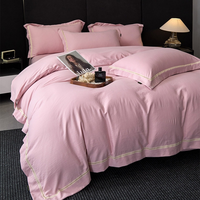 91家纺网 家纺一手货源 找家纺 库里梦家纺 2026新款高精密斜纹棉四件套镂空四件套-织带款 黛粉