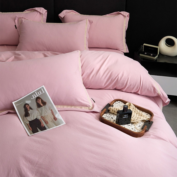 91家纺网 家纺一手货源 找家纺 库里梦家纺 2026新款高精密斜纹棉四件套镂空四件套-织带款 黛粉