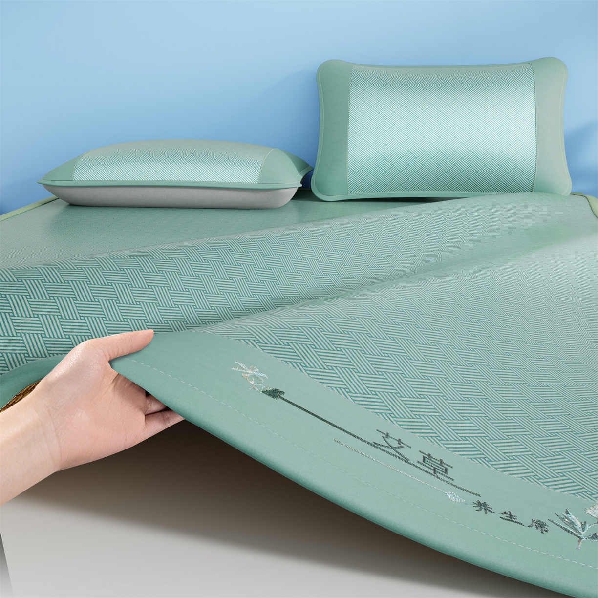 91家纺网 家纺一手货源 找家纺 （总）青雅席业 2026新款艾草凉感饼干花冰丝凉席