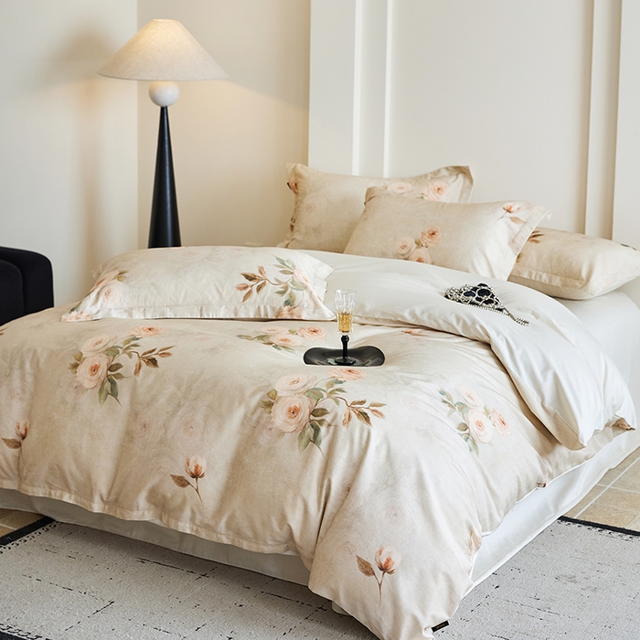 91家纺网 家纺一手货源 找家纺 梧桐树 2026新款全棉纯棉长绒棉数码印花系列四件套 S51莫奈花园灰