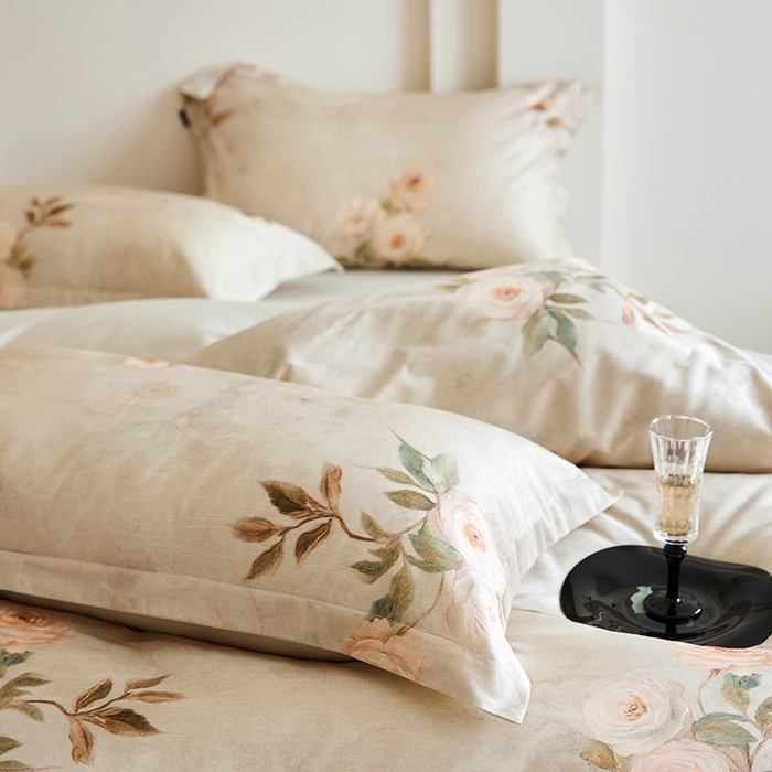 91家纺网 家纺一手货源 找家纺 梧桐树 2026新款全棉纯棉长绒棉数码印花系列四件套 S51莫奈花园灰