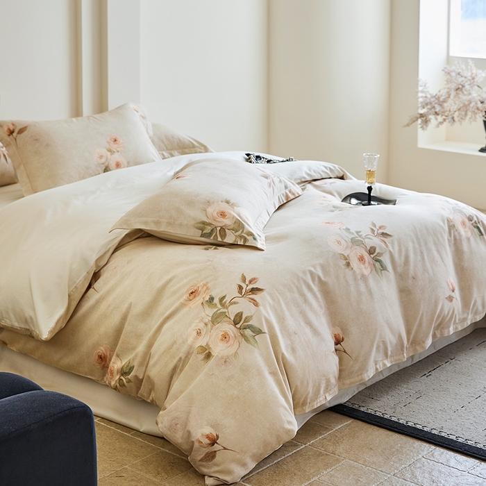 91家纺网 家纺一手货源 找家纺 梧桐树 2026新款全棉纯棉长绒棉数码印花系列四件套 S51莫奈花园灰