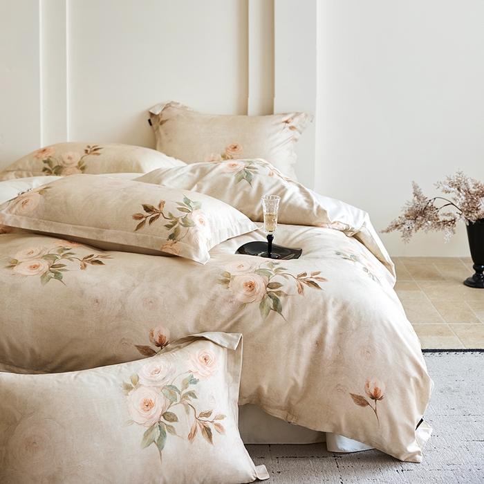 91家纺网 家纺一手货源 找家纺 梧桐树 2026新款全棉纯棉长绒棉数码印花系列四件套 S51莫奈花园灰