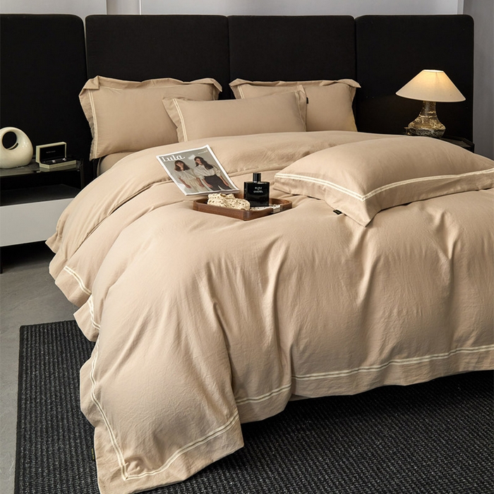 91家纺网 家纺一手货源 找家纺 库里梦家纺 2026新款高精密斜纹棉四件套镂空四件套-织带款 奶咖