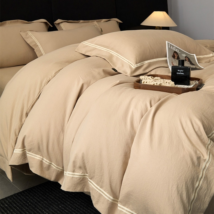 91家纺网 家纺一手货源 找家纺 库里梦家纺 2026新款高精密斜纹棉四件套镂空四件套-织带款 奶咖