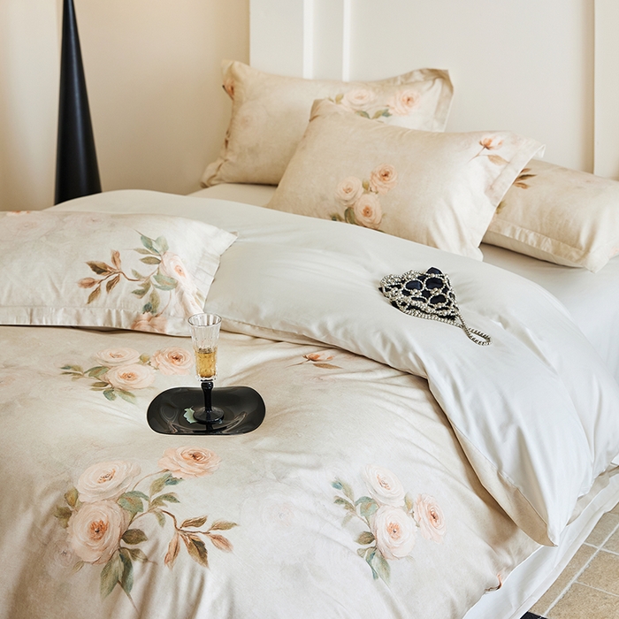 91家纺网 家纺一手货源 找家纺 梧桐树 2026新款全棉纯棉长绒棉数码印花系列四件套 S51莫奈花园灰