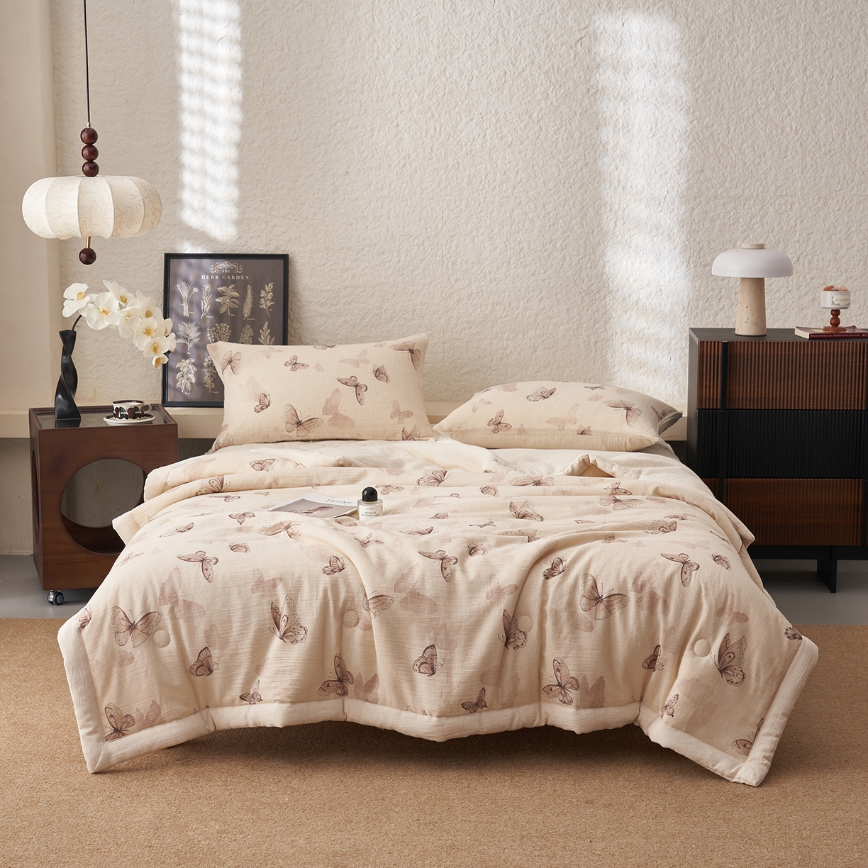 吾诺家居 2026新款棉麻系列-棉麻印花棉花夏被 水墨蝴蝶