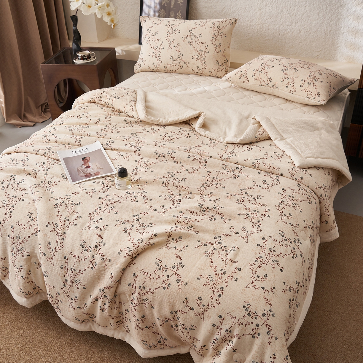 91家纺网 家纺一手货源 找家纺 吾诺家居 2026新款棉麻系列-棉麻印花棉花夏被 恬觅