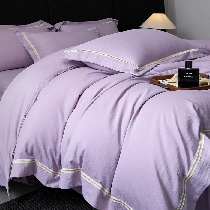 91家纺网 家纺一手货源 找家纺 库里梦家纺 2026新款高精密斜纹棉四件套镂空四件套-织带款 紫堇