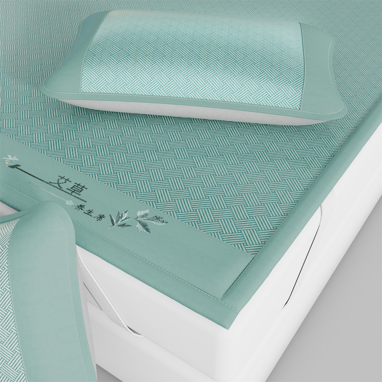 91家纺网 家纺一手货源 找家纺 青雅席业 2026新款艾草凉感饼干花冰丝凉席 饼干花冰丝席-绿色