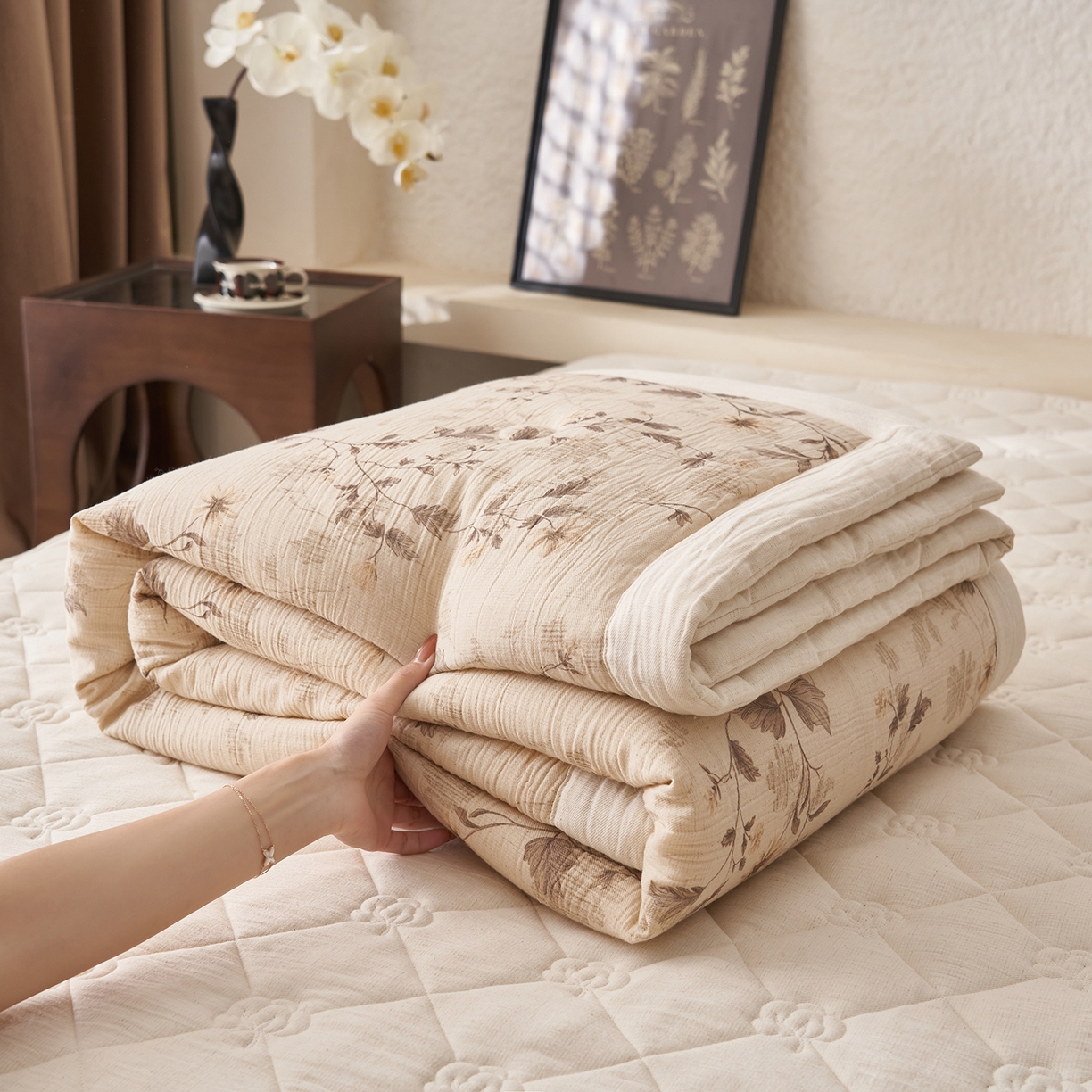 91家纺网 家纺一手货源 找家纺 吾诺家居 2026新款棉麻系列-棉麻印花棉花夏被 叶之恋
