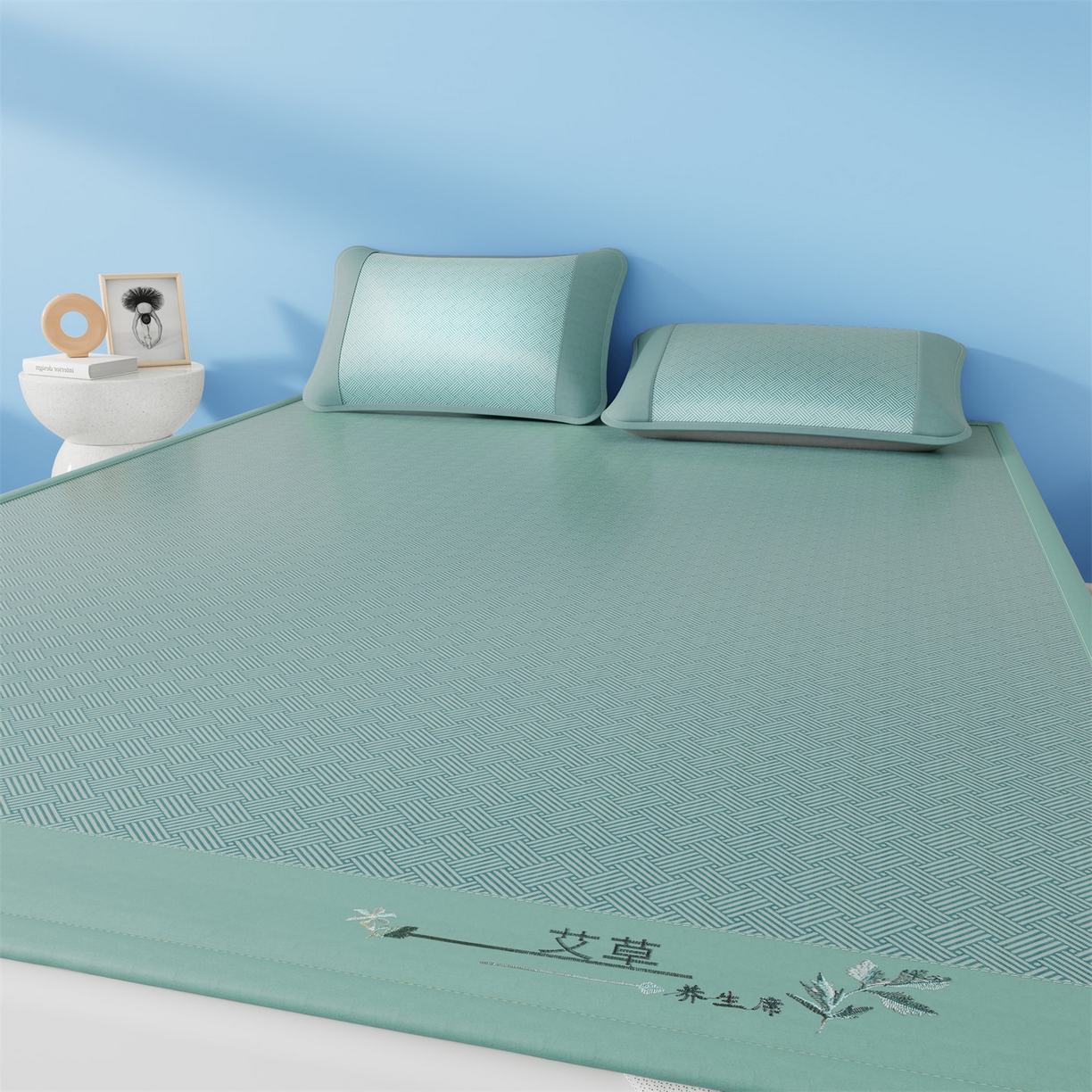 91家纺网 家纺一手货源 找家纺 青雅席业 2026新款艾草凉感饼干花冰丝凉席 饼干花冰丝席-绿色