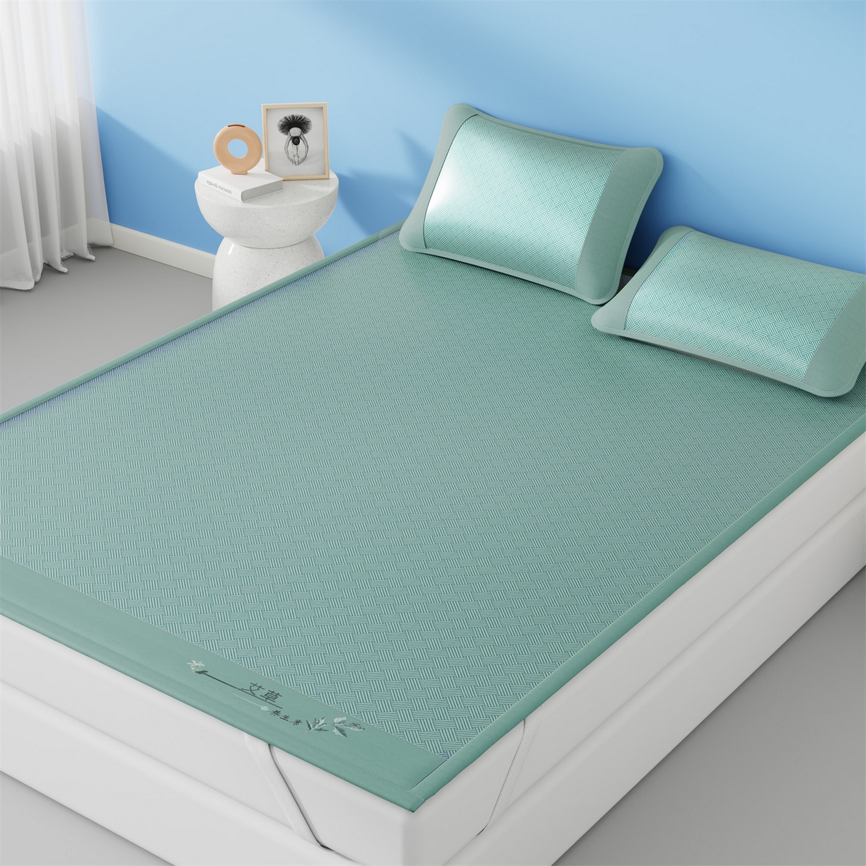 91家纺网 家纺一手货源 找家纺 青雅席业 2026新款艾草凉感饼干花冰丝凉席 饼干花冰丝席-绿色