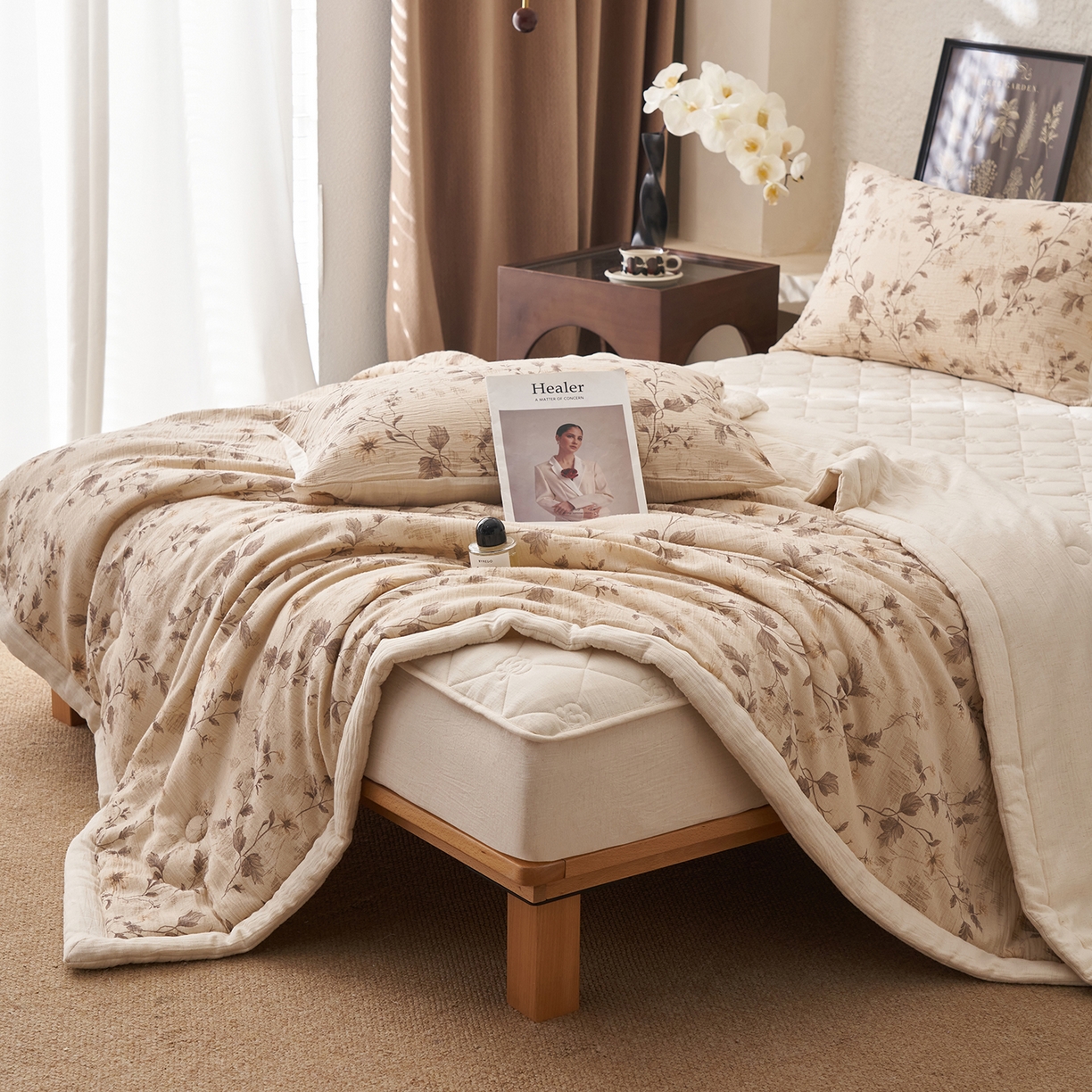 91家纺网 家纺一手货源 找家纺 吾诺家居 2026新款棉麻系列-棉麻印花棉花夏被 叶之恋