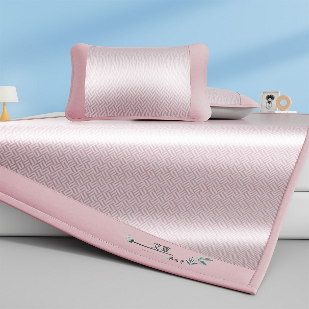 青雅席业 2026新款艾草凉感饼干花冰丝凉席 饼干花冰丝席-粉色