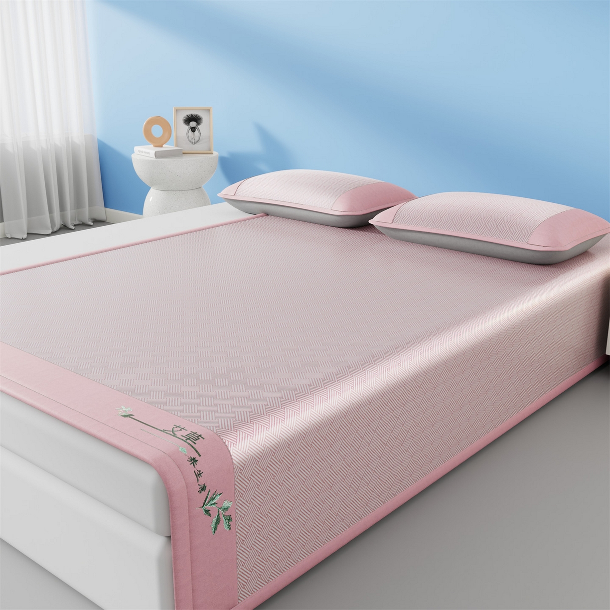 91家纺网 家纺一手货源 找家纺 青雅席业 2026新款艾草凉感饼干花冰丝凉席 饼干花冰丝席-粉色