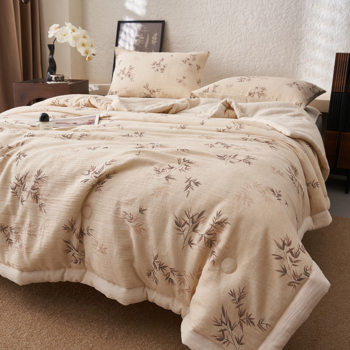 91家纺网 家纺一手货源 找家纺 吾诺家居 2026新款棉麻系列-棉麻印花棉花夏被 竹影