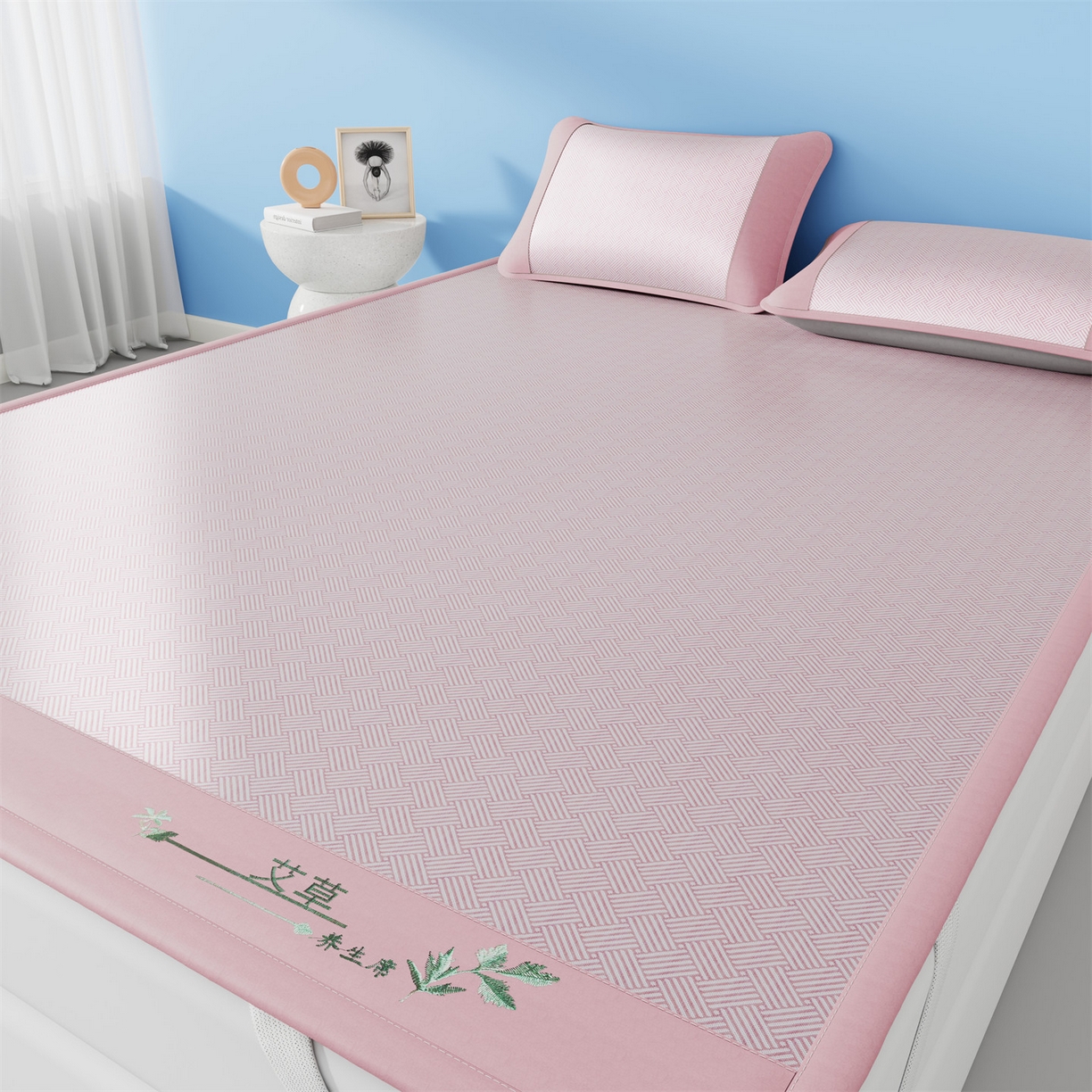 91家纺网 家纺一手货源 找家纺 青雅席业 2026新款艾草凉感饼干花冰丝凉席 饼干花冰丝席-粉色