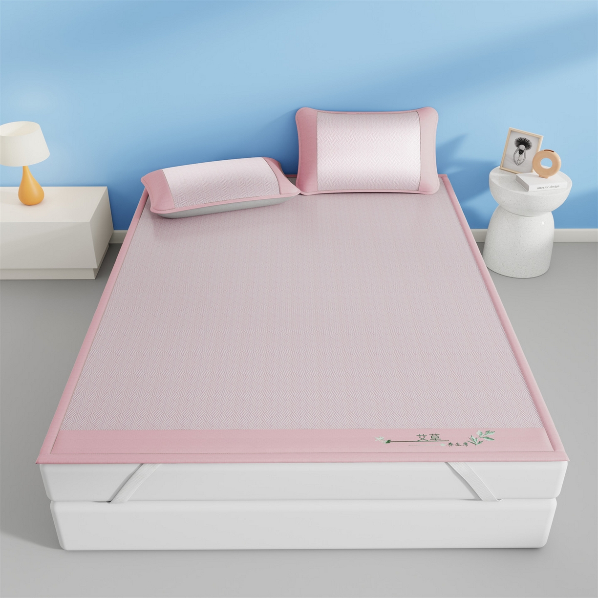 91家纺网 家纺一手货源 找家纺 青雅席业 2026新款艾草凉感饼干花冰丝凉席 饼干花冰丝席-粉色