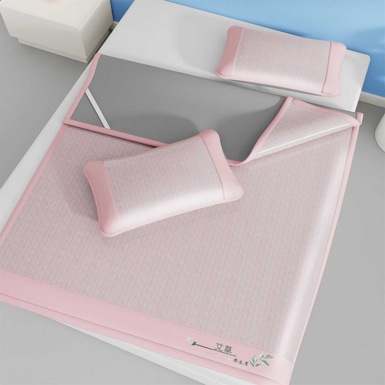 91家纺网 家纺一手货源 找家纺 青雅席业 2026新款艾草凉感饼干花冰丝凉席 饼干花冰丝席-粉色