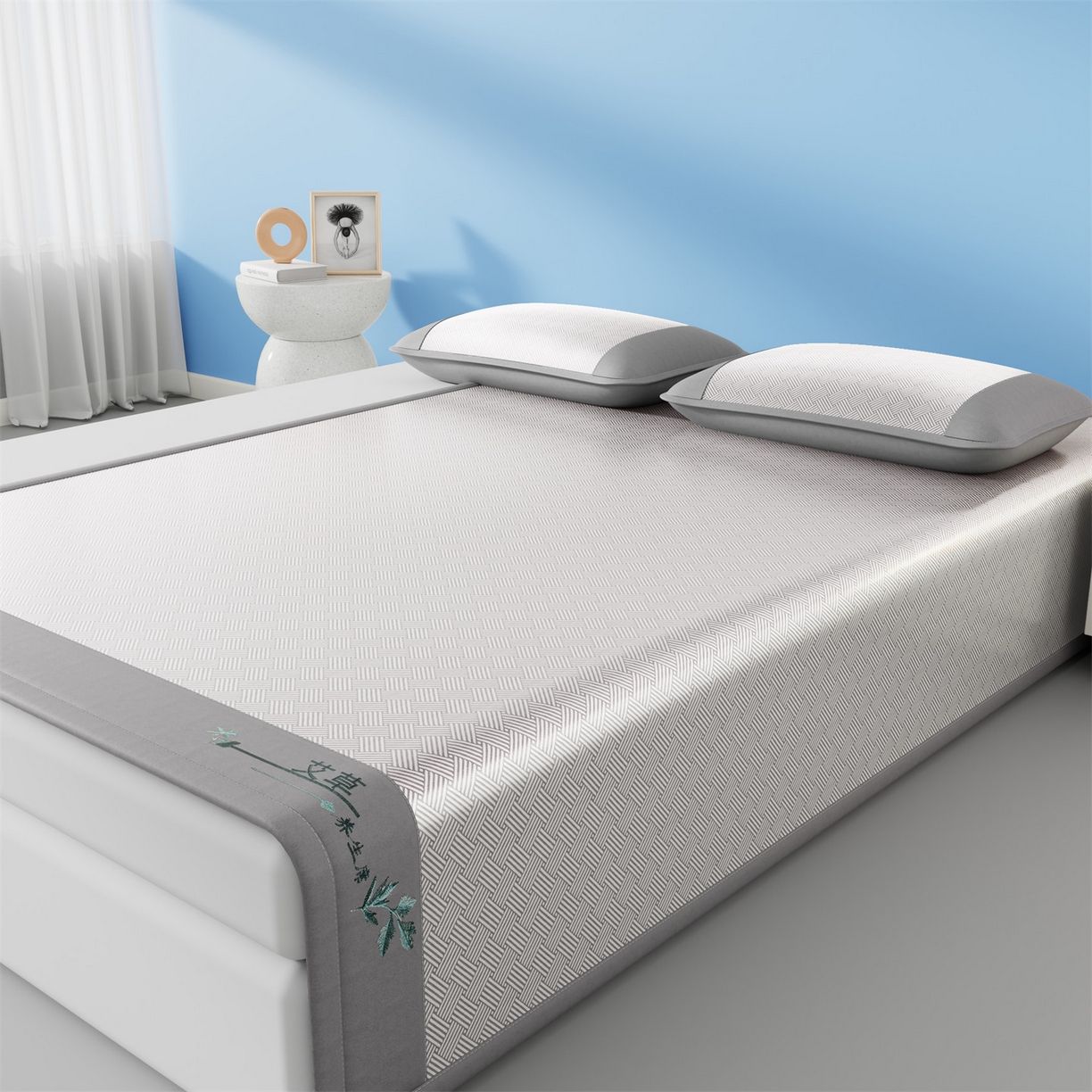 91家纺网 家纺一手货源 找家纺 青雅席业 2026新款艾草凉感饼干花冰丝凉席 饼干花冰丝席-灰色