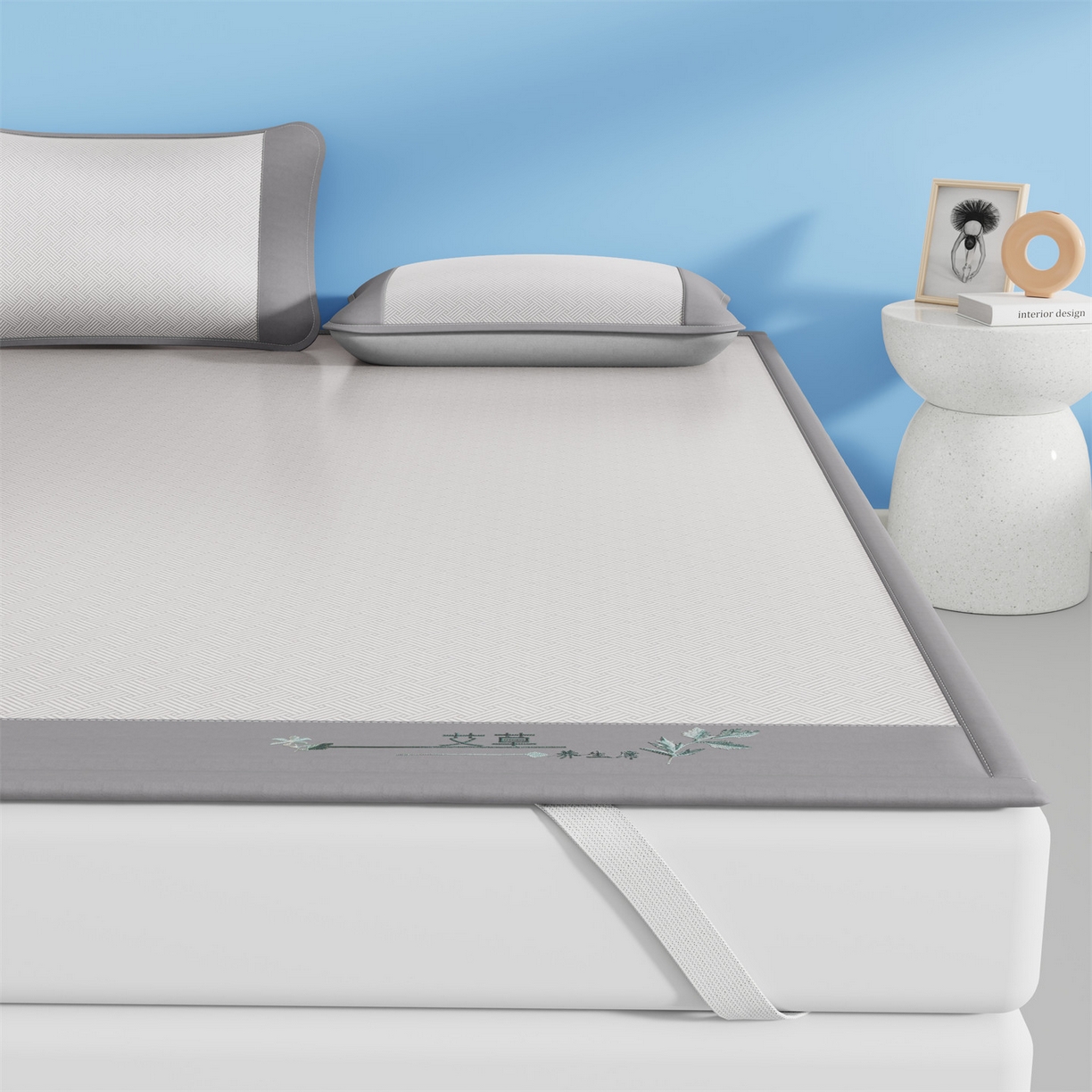 91家纺网 家纺一手货源 找家纺 青雅席业 2026新款艾草凉感饼干花冰丝凉席 饼干花冰丝席-灰色