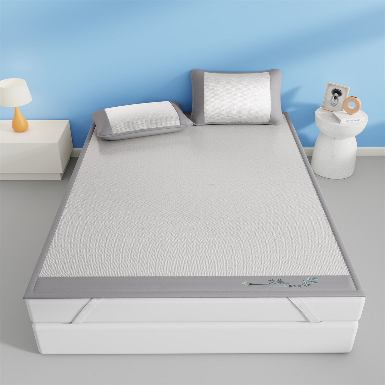 91家纺网 家纺一手货源 找家纺 青雅席业 2026新款艾草凉感饼干花冰丝凉席 饼干花冰丝席-灰色