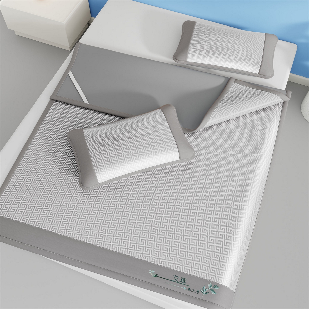 91家纺网 家纺一手货源 找家纺 青雅席业 2026新款艾草凉感饼干花冰丝凉席 饼干花冰丝席-灰色