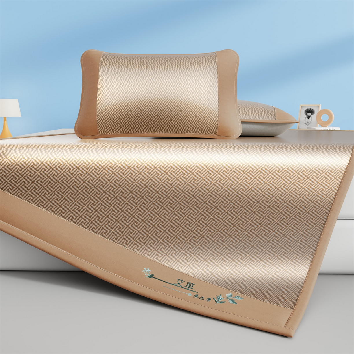 青雅席业 2026新款艾草凉感饼干花冰丝凉席 饼干花冰丝席-咖色