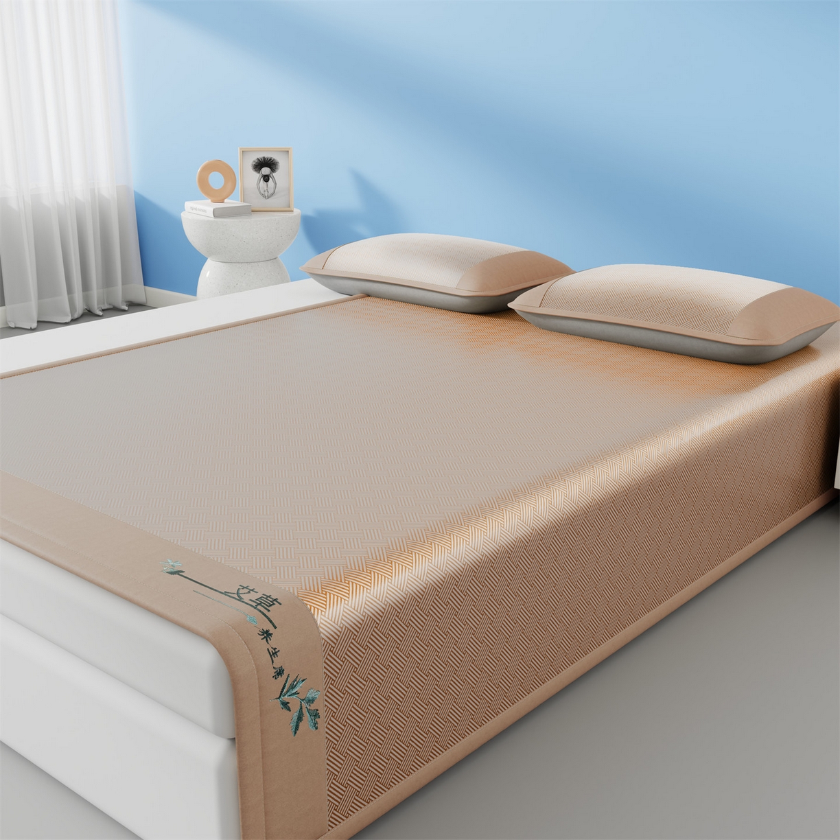 91家纺网 家纺一手货源 找家纺 青雅席业 2026新款艾草凉感饼干花冰丝凉席 饼干花冰丝席-咖色