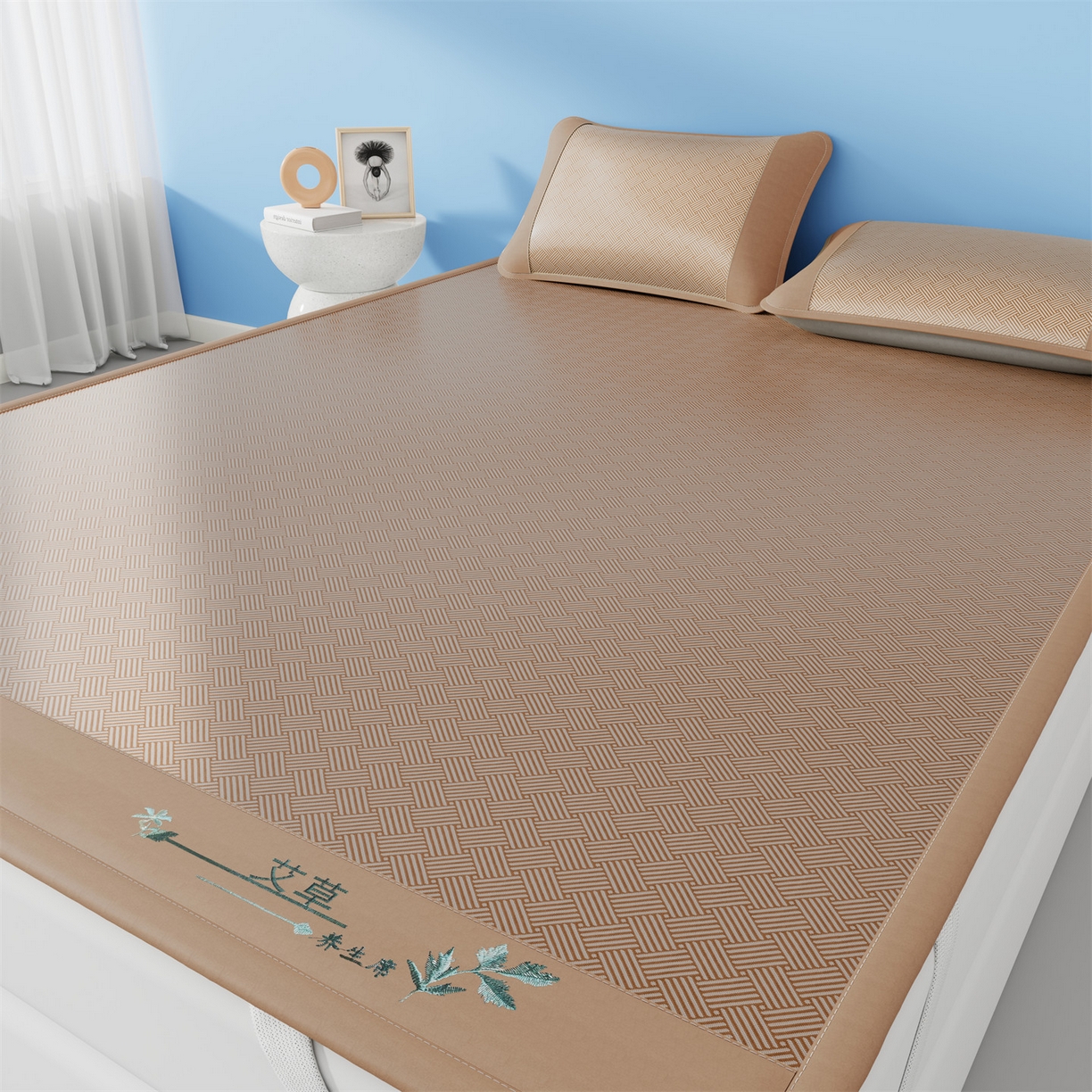 91家纺网 家纺一手货源 找家纺 青雅席业 2026新款艾草凉感饼干花冰丝凉席 饼干花冰丝席-咖色