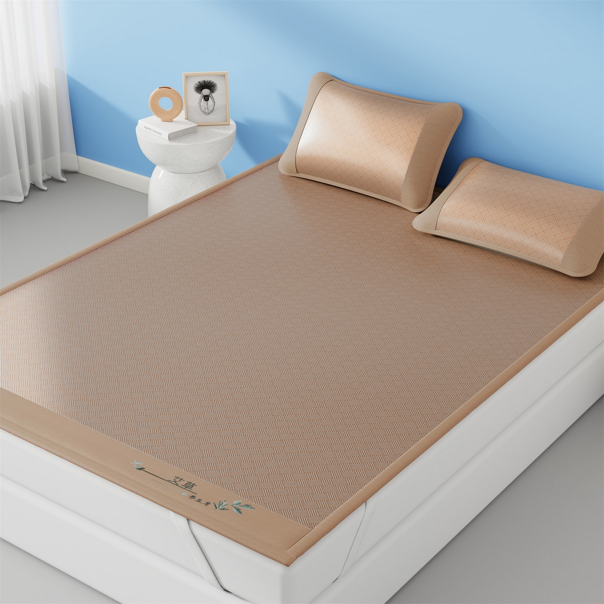 91家纺网 家纺一手货源 找家纺 青雅席业 2026新款艾草凉感饼干花冰丝凉席 饼干花冰丝席-咖色