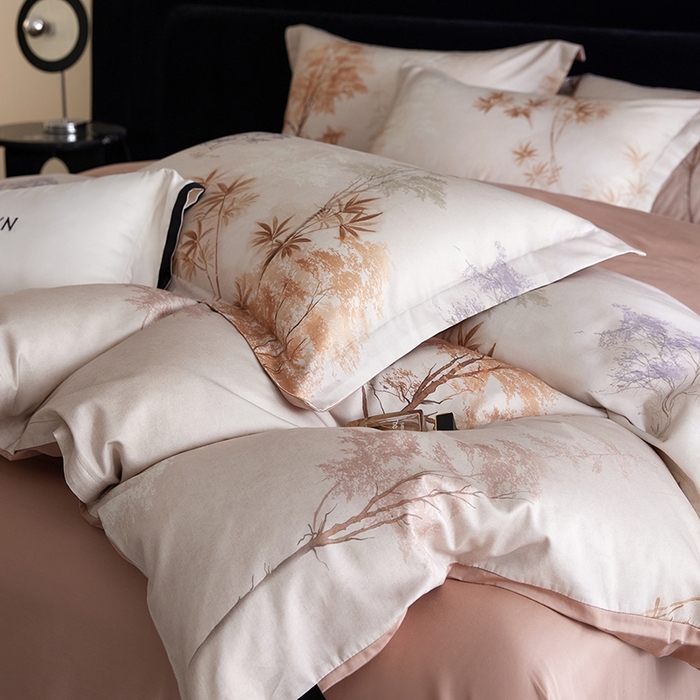 91家纺网 家纺一手货源 找家纺 梧桐树 2026新款全棉纯棉长绒棉数码印花系列四件套 S54森屿咖