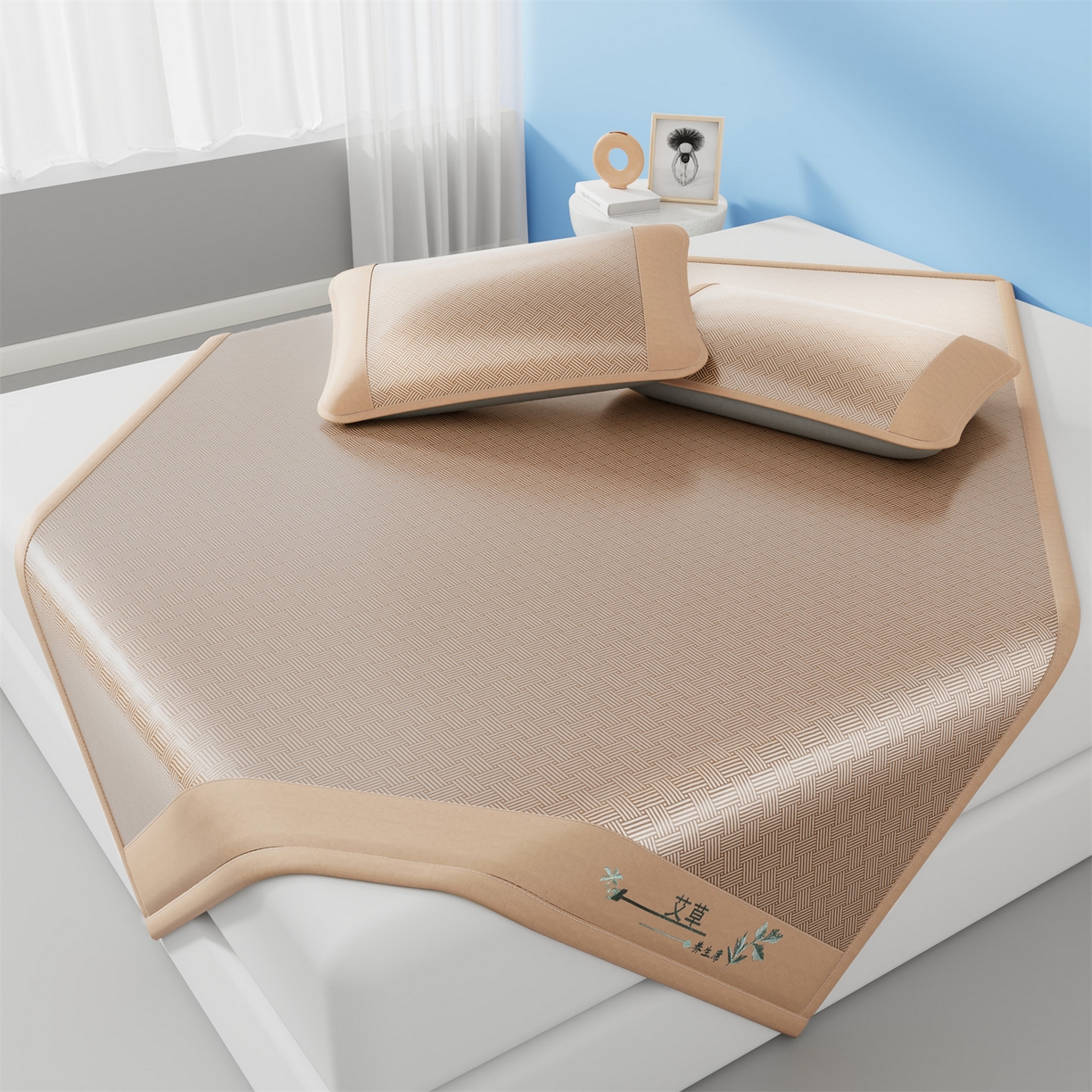 91家纺网 家纺一手货源 找家纺 青雅席业 2026新款艾草凉感饼干花冰丝凉席 饼干花冰丝席-咖色