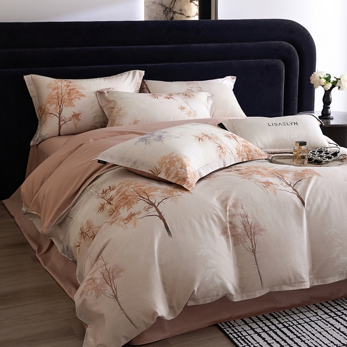 91家纺网 家纺一手货源 找家纺 梧桐树 2026新款全棉纯棉长绒棉数码印花系列四件套 S54森屿咖