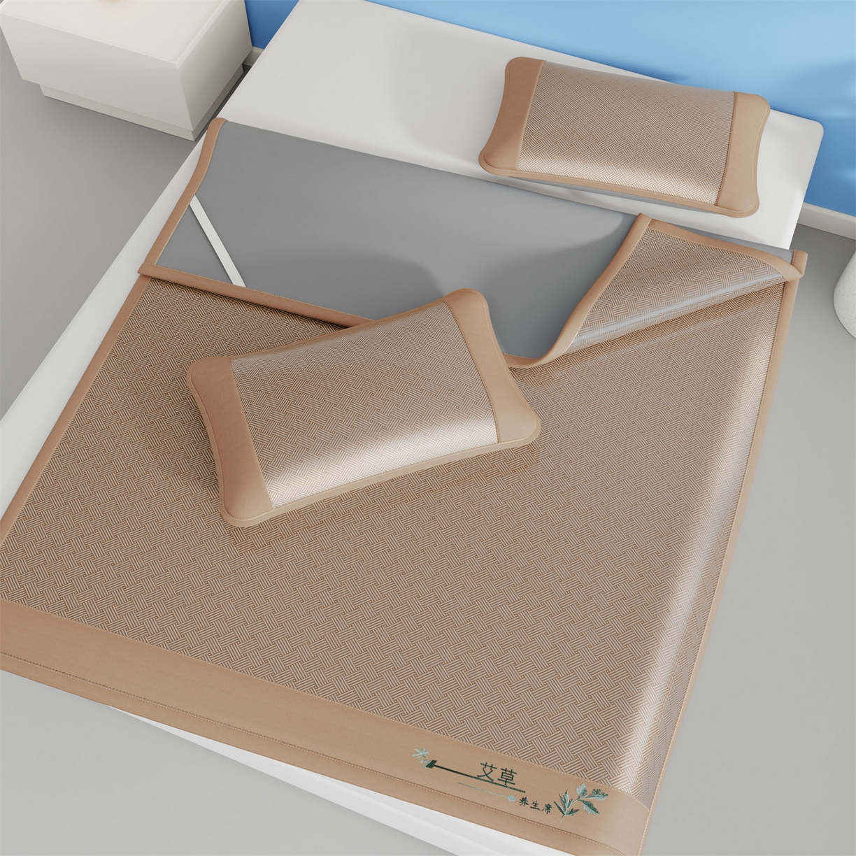 91家纺网 家纺一手货源 找家纺 青雅席业 2026新款艾草凉感饼干花冰丝凉席 饼干花冰丝席-咖色