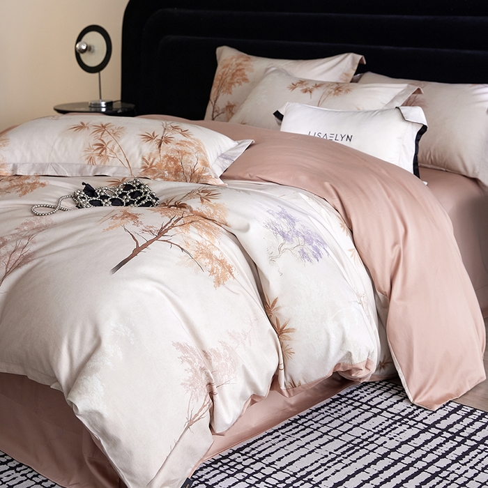 91家纺网 家纺一手货源 找家纺 梧桐树 2026新款全棉纯棉长绒棉数码印花系列四件套 S54森屿咖