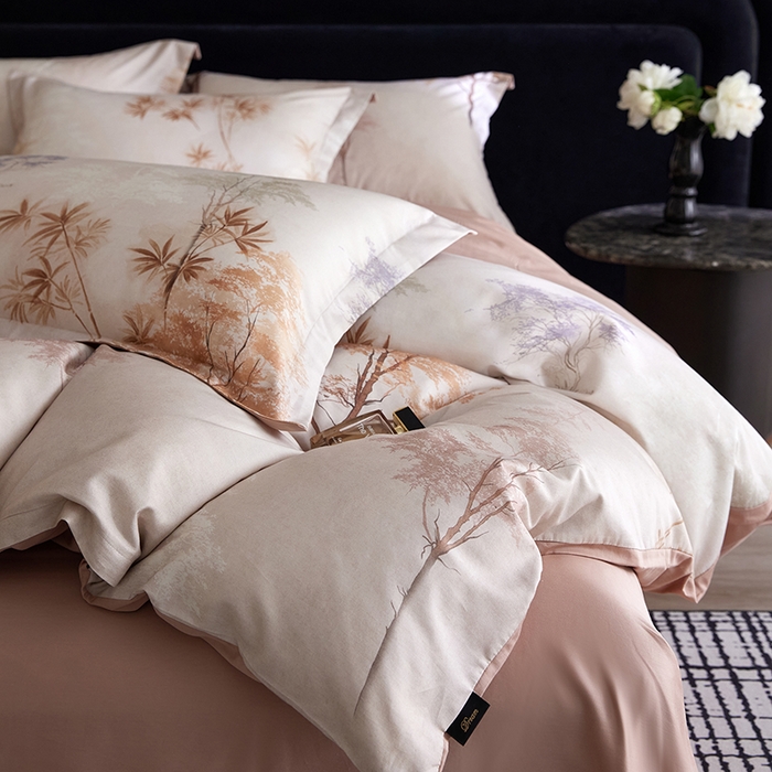 91家纺网 家纺一手货源 找家纺 梧桐树 2026新款全棉纯棉长绒棉数码印花系列四件套 S54森屿咖