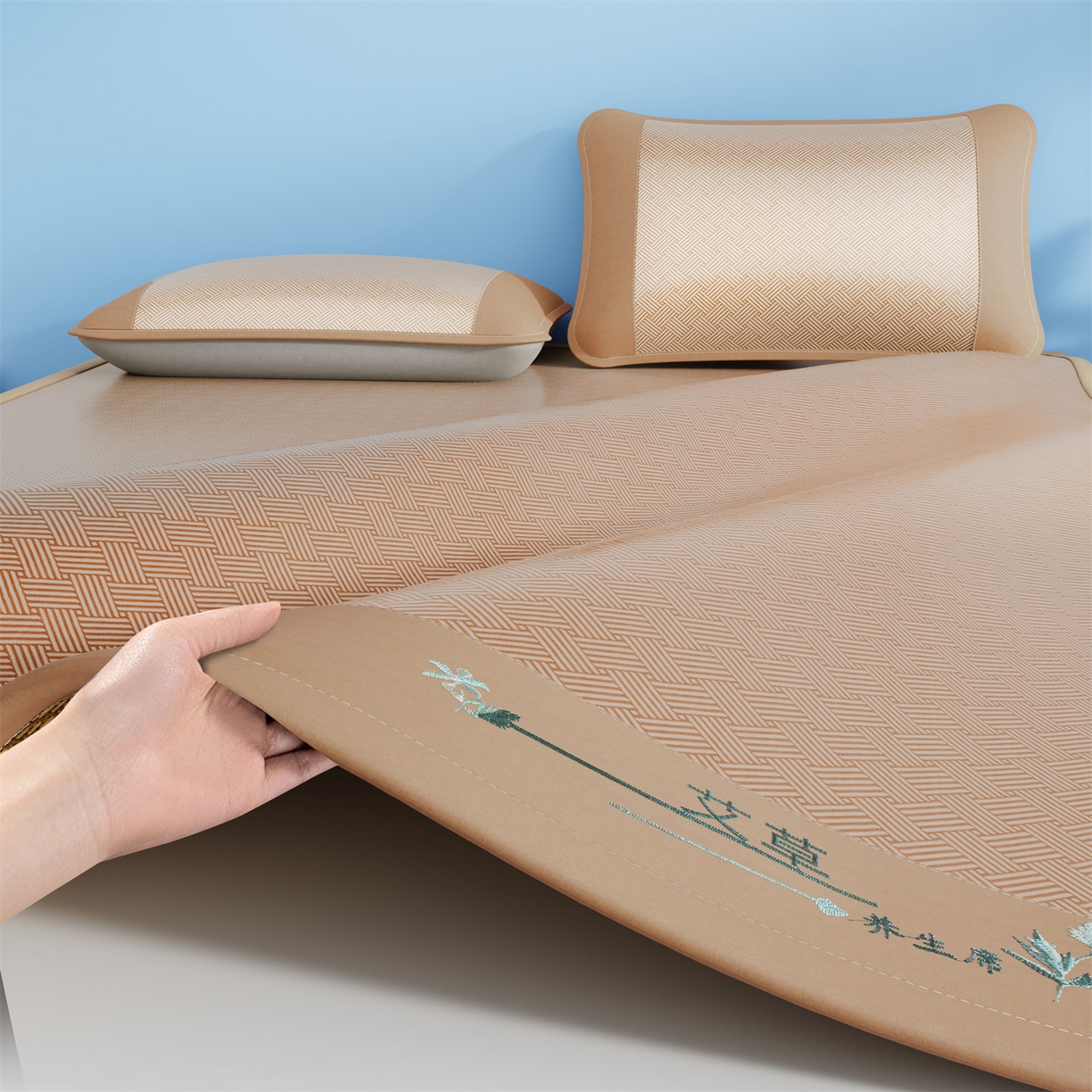 91家纺网 家纺一手货源 找家纺 青雅席业 2026新款艾草凉感饼干花冰丝凉席 饼干花冰丝席-咖色