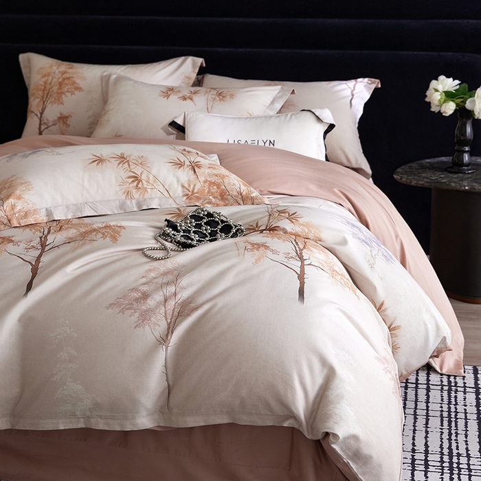 91家纺网 家纺一手货源 找家纺 梧桐树 2026新款全棉纯棉长绒棉数码印花系列四件套 S54森屿咖
