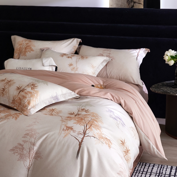 91家纺网 家纺一手货源 找家纺 梧桐树 2026新款全棉纯棉长绒棉数码印花系列四件套 S54森屿咖