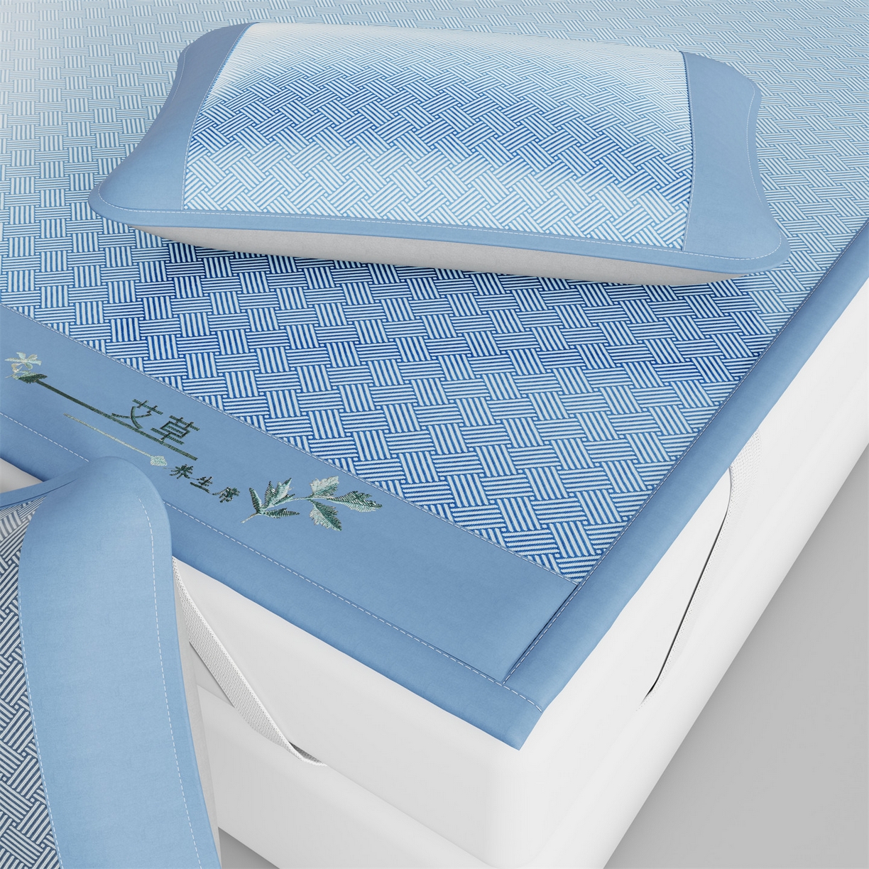 91家纺网 家纺一手货源 找家纺 青雅席业 2026新款艾草凉感饼干花冰丝凉席 饼干花冰丝席-蓝色