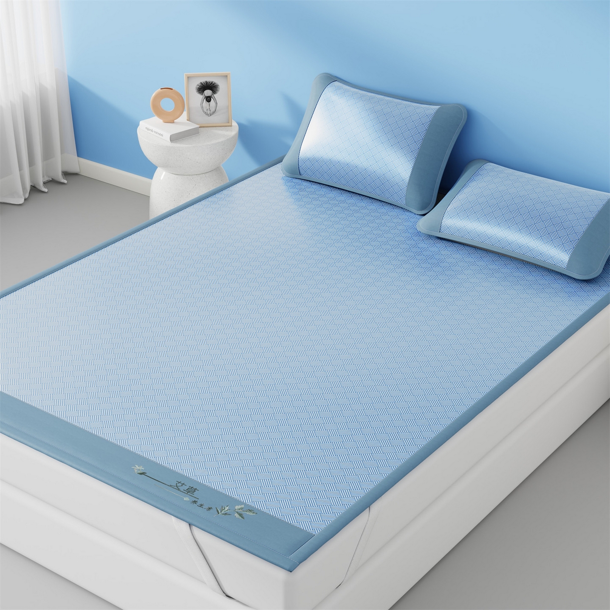 91家纺网 家纺一手货源 找家纺 青雅席业 2026新款艾草凉感饼干花冰丝凉席 饼干花冰丝席-蓝色